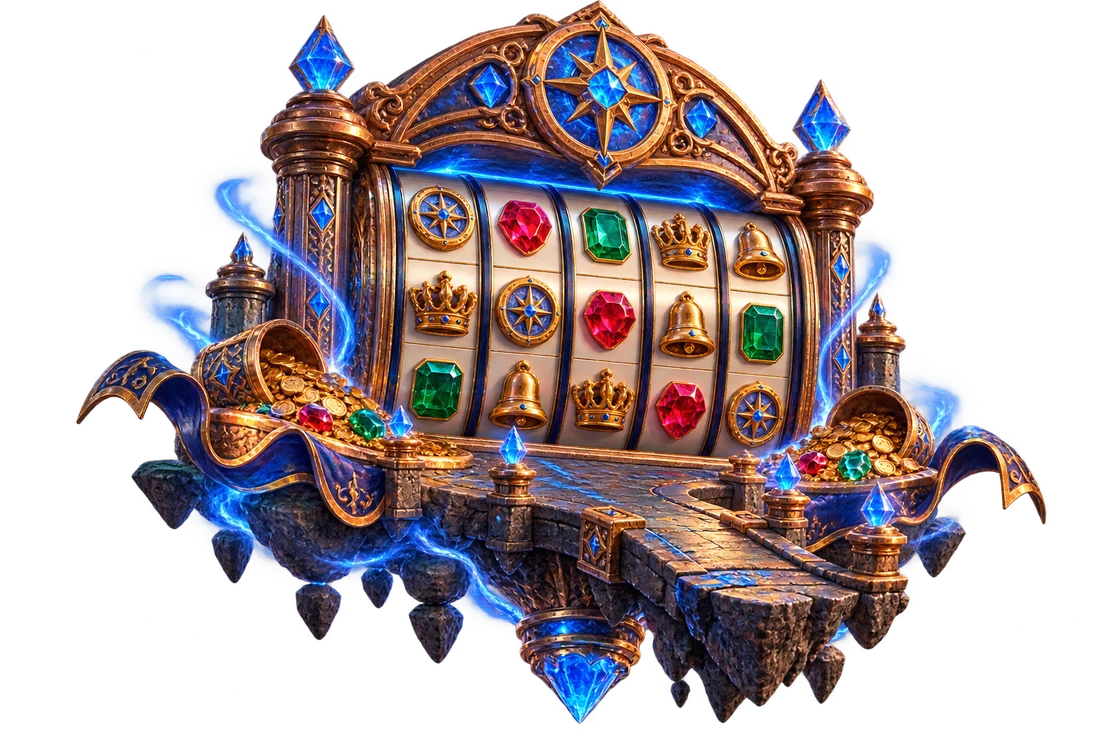 An ornate copper and cobalt reel portal floats above a sculpted bridge
